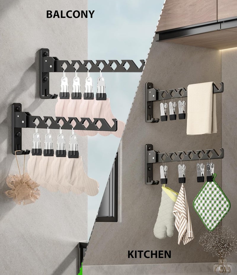 Dr.DJ Wall Mount Coat Hanger Holder Black Clothes Drying Organizer Rack Garment Hooks Aluminium Retractable Folding Indoor Wall Mounted Hanger Space Saver for Laundry Room Bedroom Black 2 Pack with 8 Hooks - Image 5